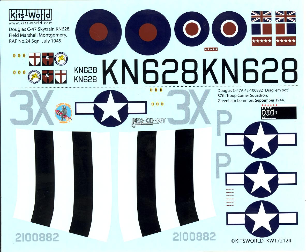 Kits World Decals 1/72 DOUGLAS C47 SKYTRAIN British & American